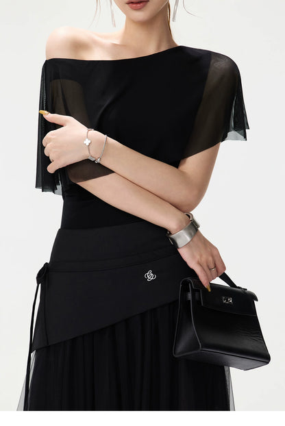 CYNR Asymmetric Shoulder Top &amp; Mesh Skirt Set