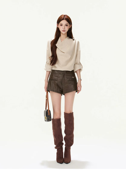 CYNR Cowl Neck Drop-Sleeve Shirt &amp; Leather Shorts