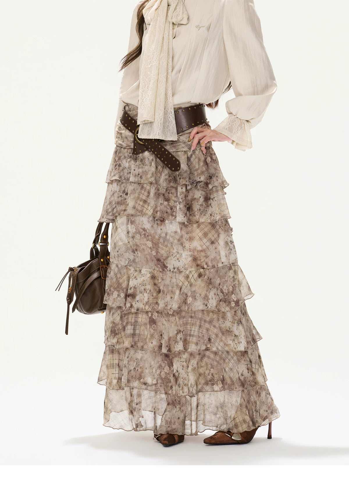 CYNR Lace Tie-Detail Blouse &amp; Chiffon Midi Skirt