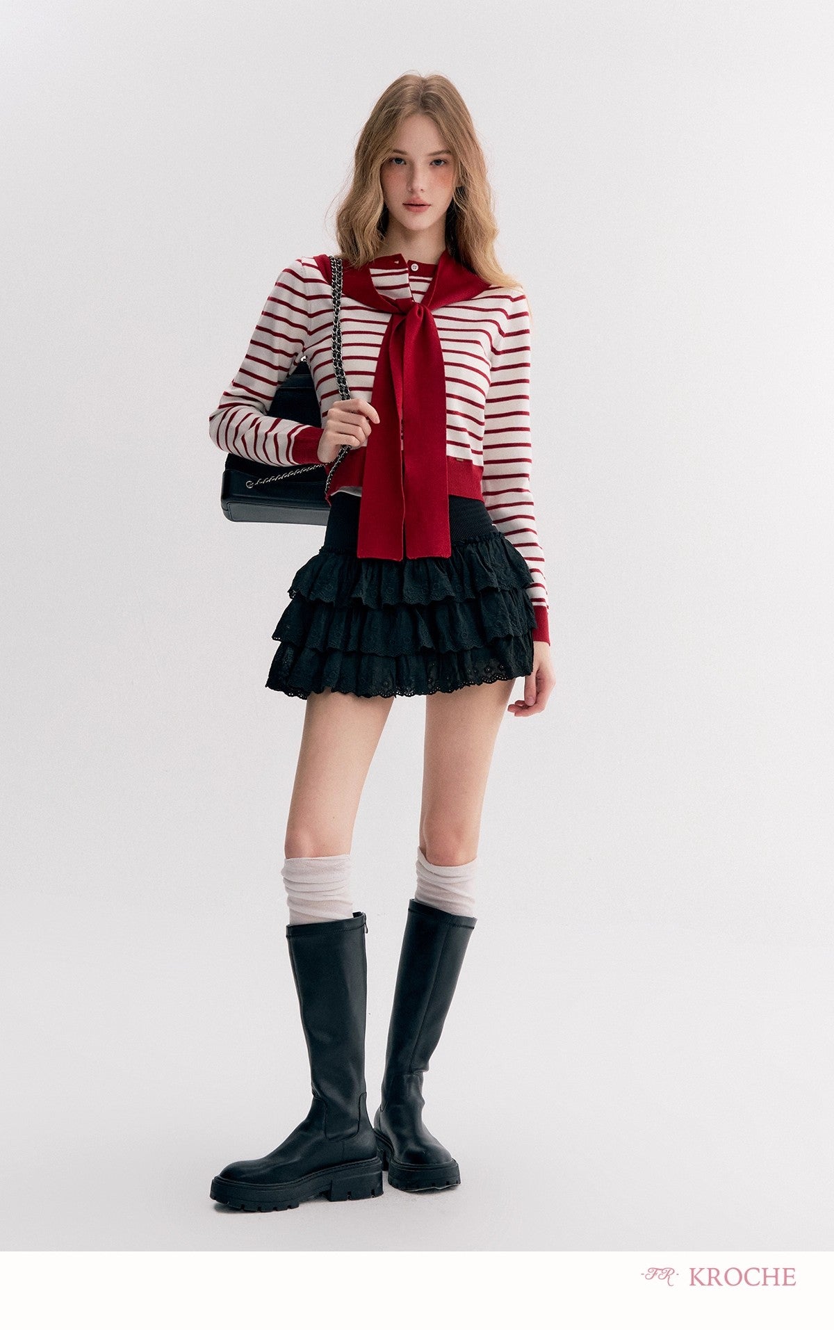 Kroche Lace-trimmed tiered ruffle mini skirt（2 color）