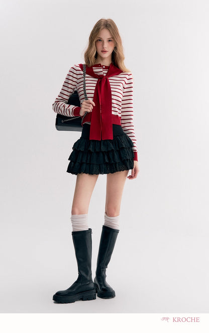 Kroche Lace-trimmed tiered ruffle mini skirt（2 color）