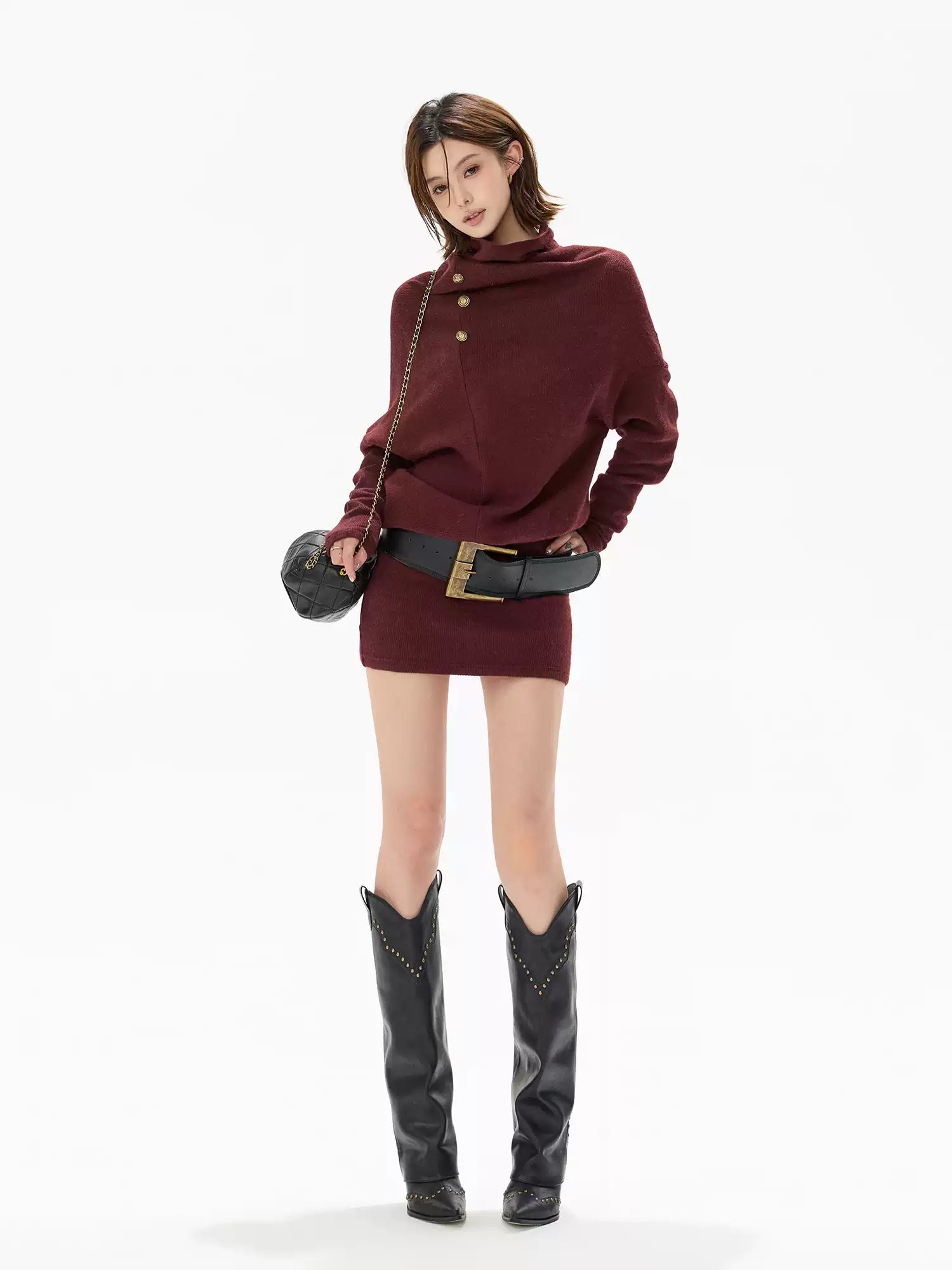 CYNR Irregular pile collar wine red knitted dress (without belt)