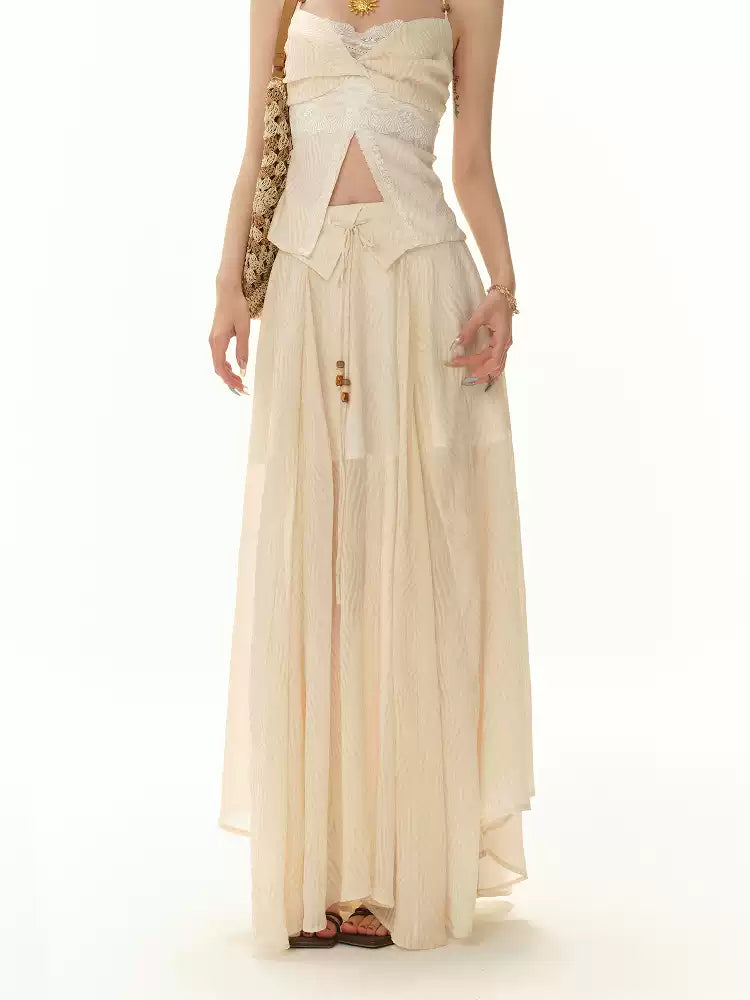 CYNR Beaded neck strapless top + irregular long skirt