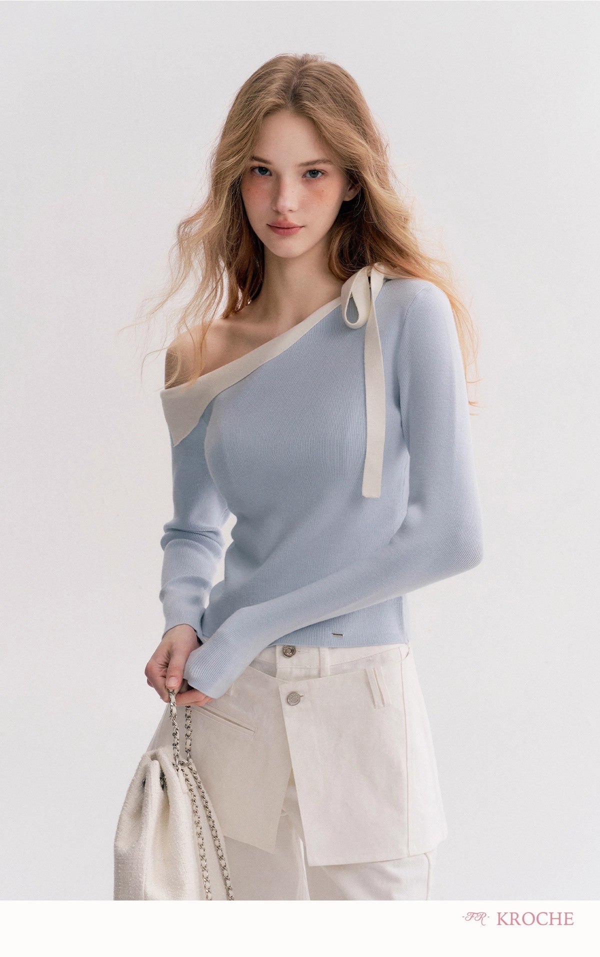 Kroche Off-Shoulder Slim-Fit Long-Sleeve Knit Top（2 color）