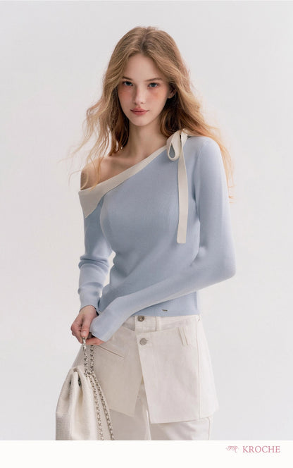 Kroche Off-Shoulder Slim-Fit Long-Sleeve Knit Top（2 color）