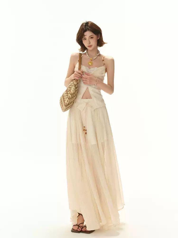 CYNR Beaded neck strapless top + irregular long skirt