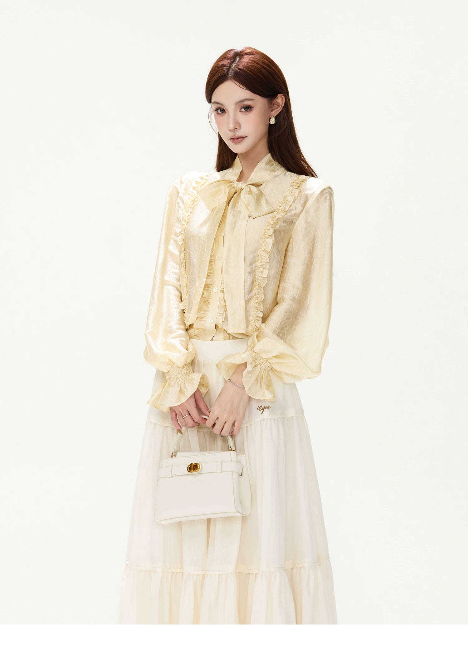 CYNR Ruffled Satin Blouse and Tiered Skirt Set