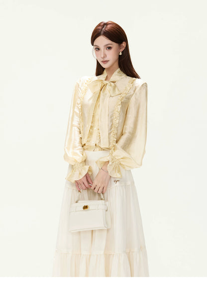 CYNR Ruffled Satin Blouse and Tiered Skirt Set