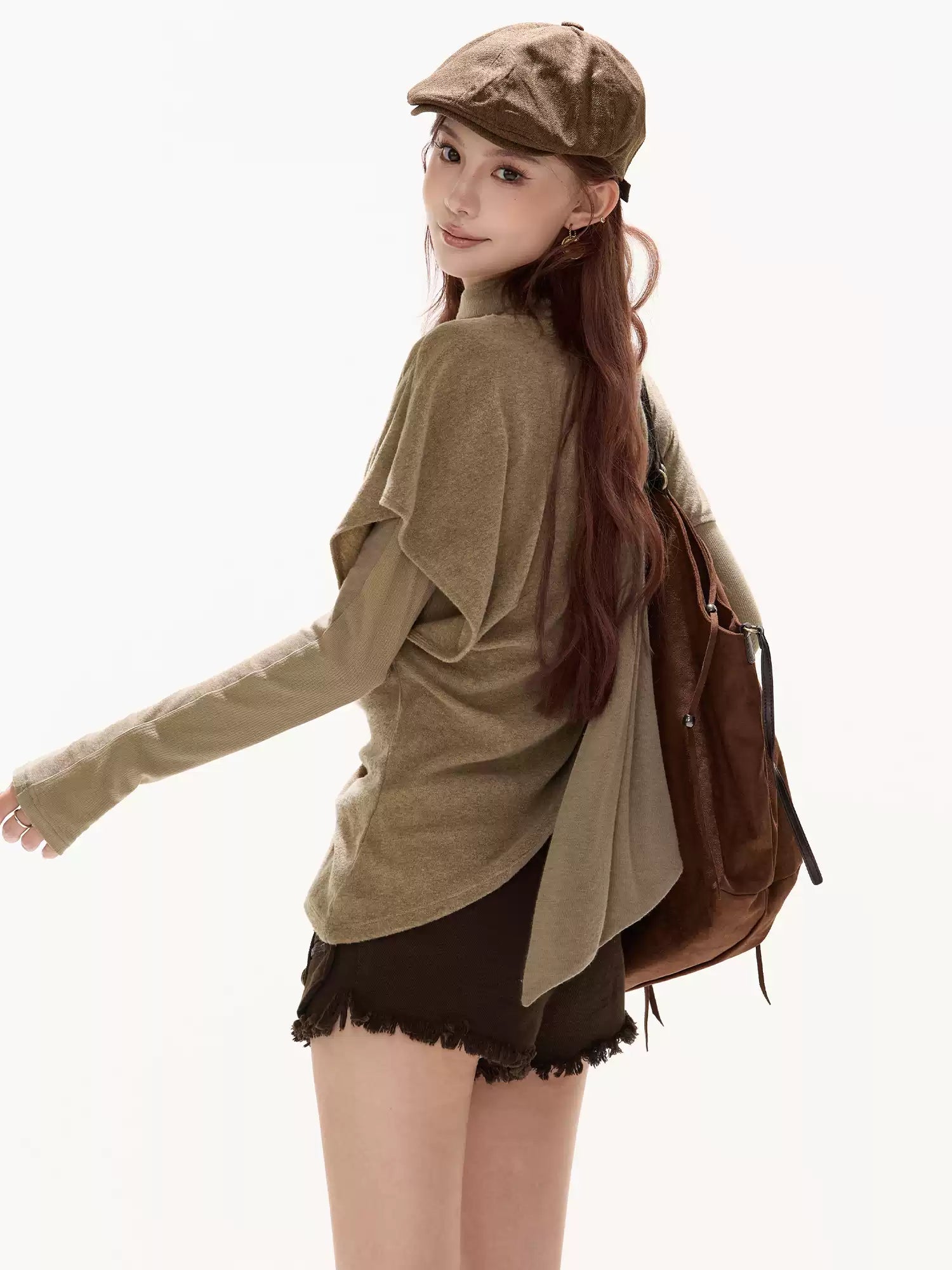 CYNR Loose pleated collar bat sleeves irregular wool sweater