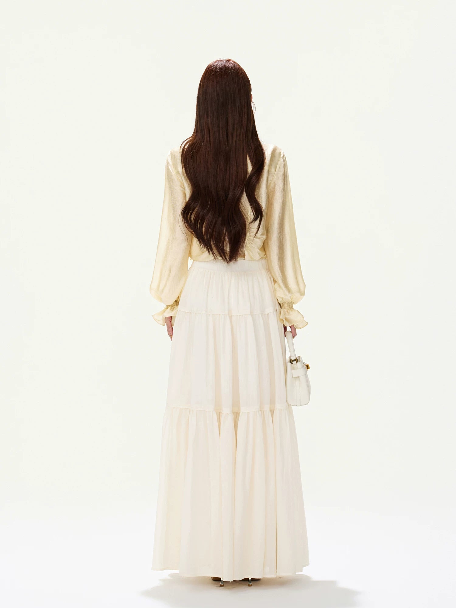 CYNR Ruffled Satin Blouse and Tiered Skirt Set