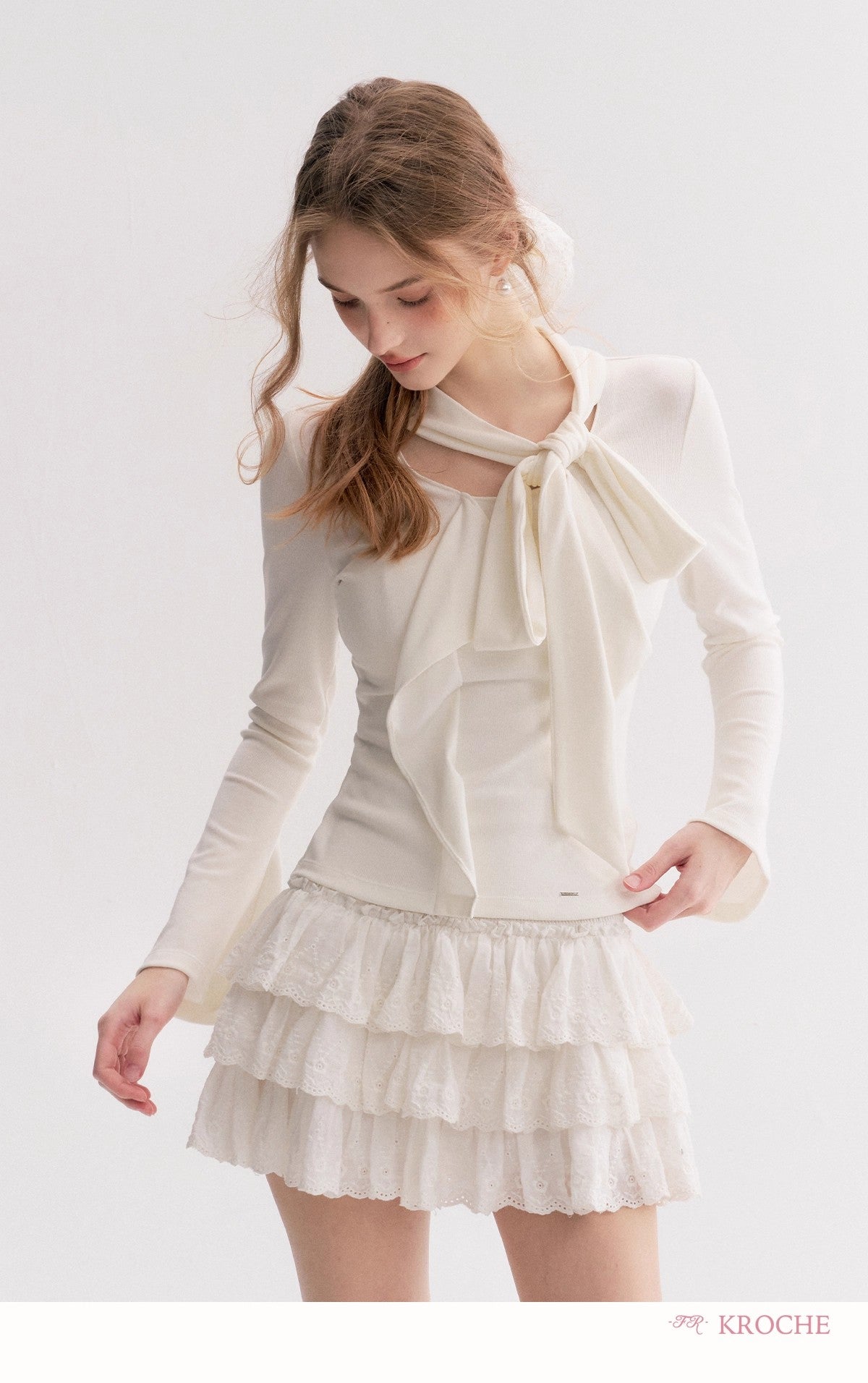 Kroche Lace-trimmed tiered ruffle mini skirt（2 color）