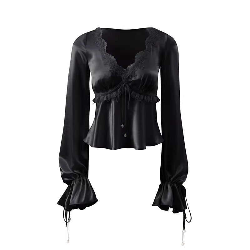 JELLOJELLO Acetate lace patchwork drawstring cuff top