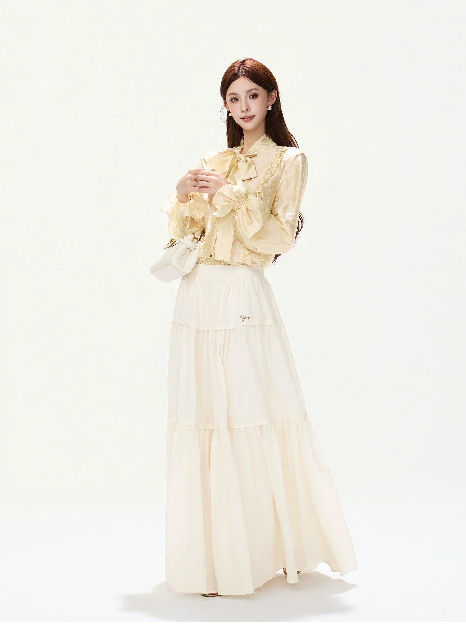 CYNR Ruffled Satin Blouse and Tiered Skirt Set
