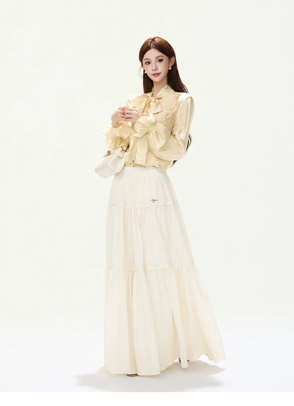 CYNR Ruffled Satin Blouse and Tiered Skirt Set