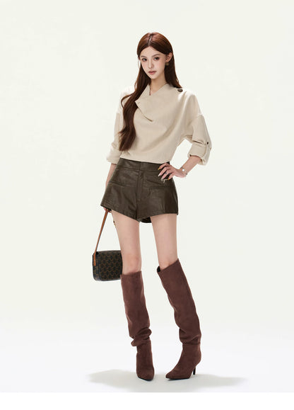 CYNR Cowl Neck Drop-Sleeve Shirt &amp; Leather Shorts