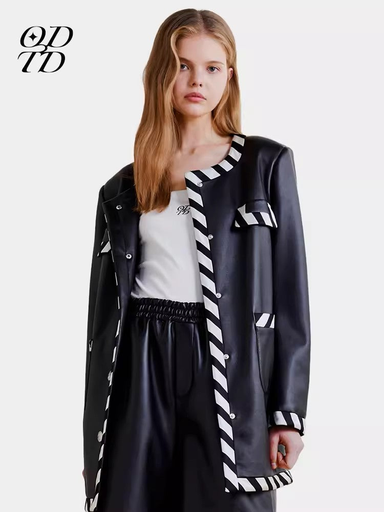 ODTD Black and white striped woven leather jacket