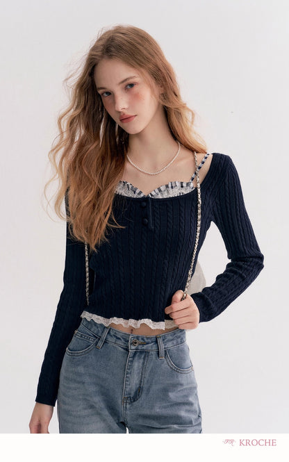 Kroche Faux Layered Cable-Knit Sweater（3 color）