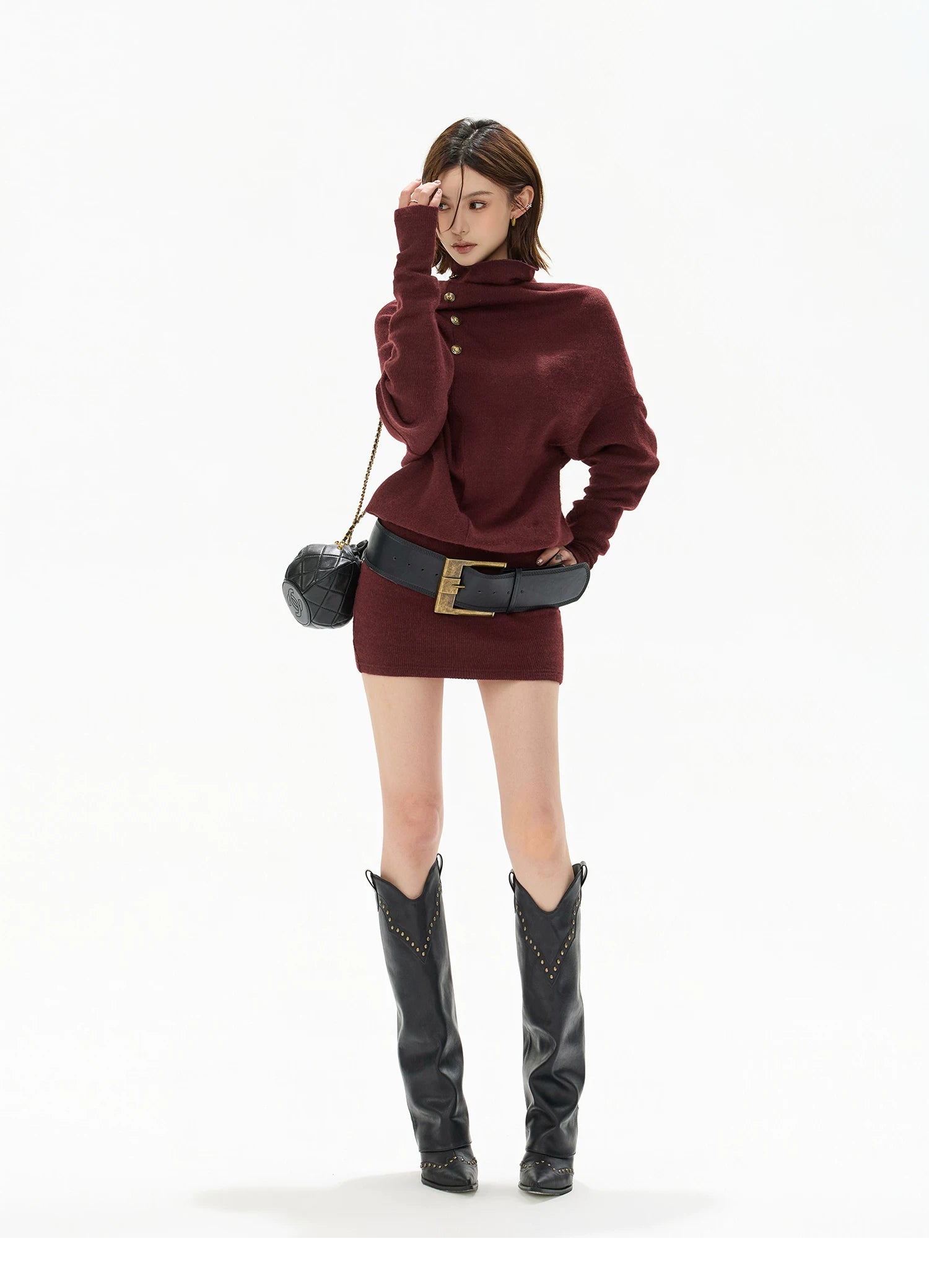 CYNR Irregular pile collar wine red knitted dress (without belt)