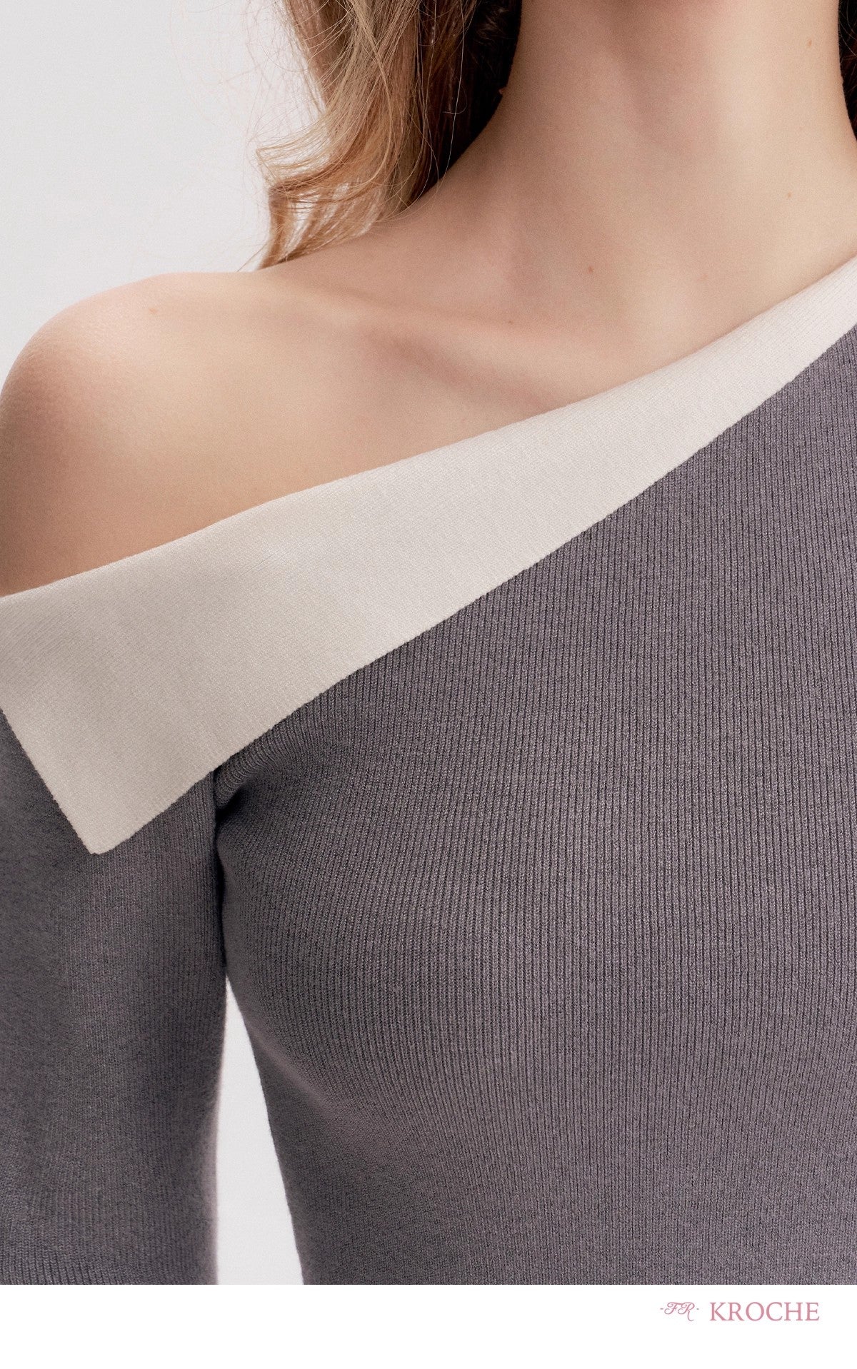Kroche Off-Shoulder Slim-Fit Long-Sleeve Knit Top（2 color）