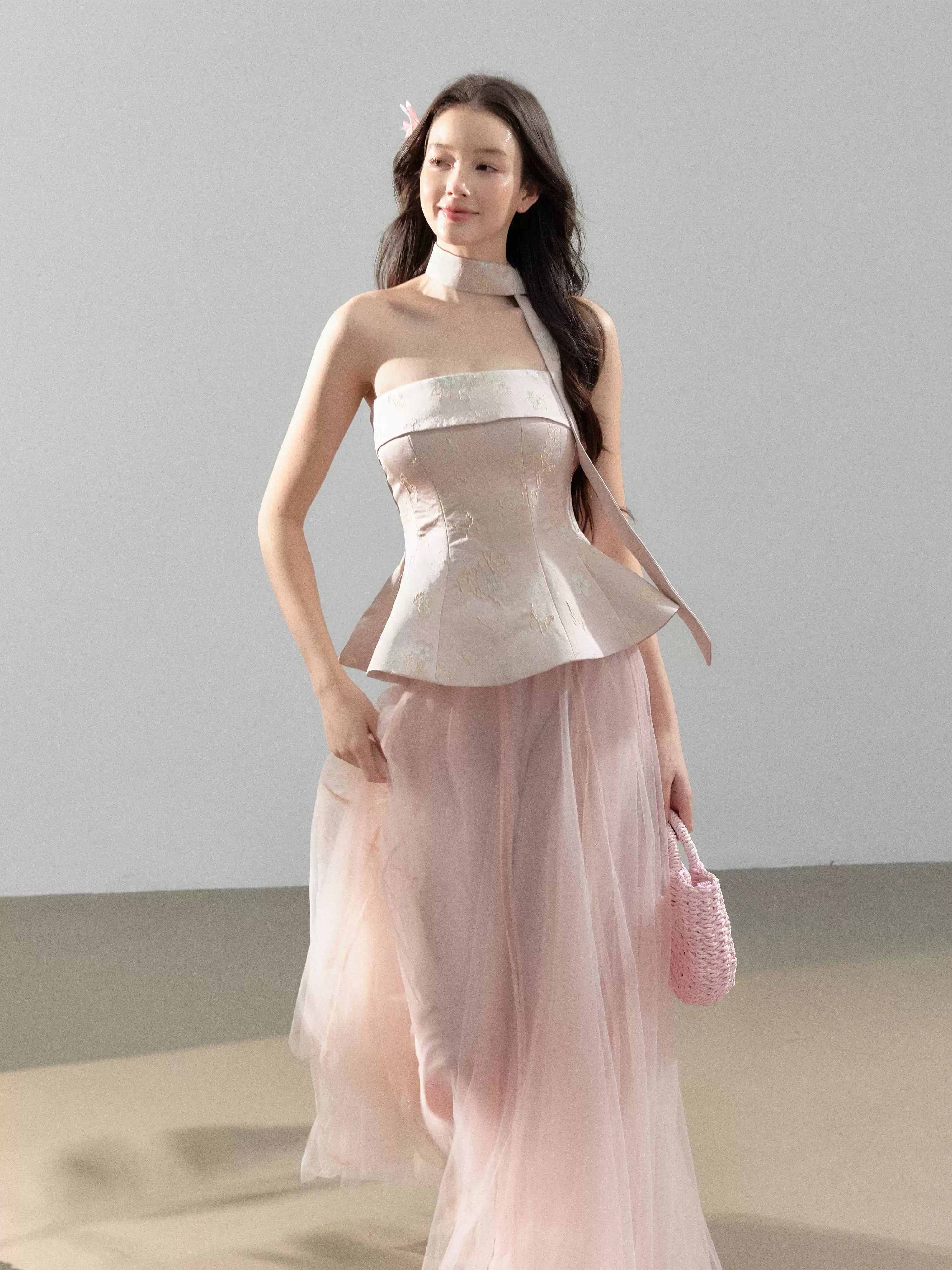 YZZI HE Jacquard top + mesh skirt set