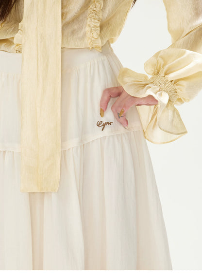CYNR Ruffled Satin Blouse and Tiered Skirt Set