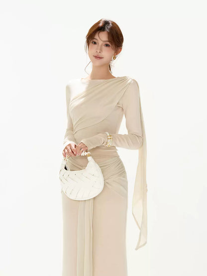 CYNR Slim fit pleated ribbon top + tied long skirt
