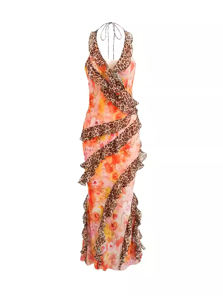 JELLOJELLO Splicing leopard print lace elastic mesh vacation maxi dress