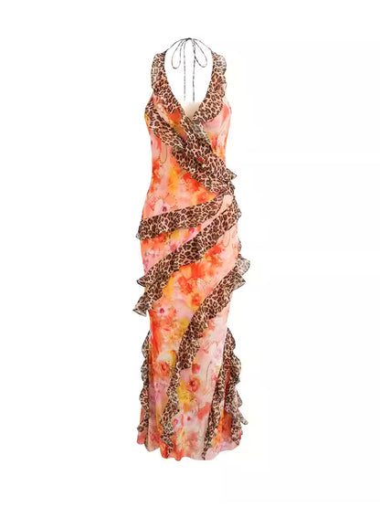 JELLOJELLO Splicing leopard print lace elastic mesh vacation maxi dress