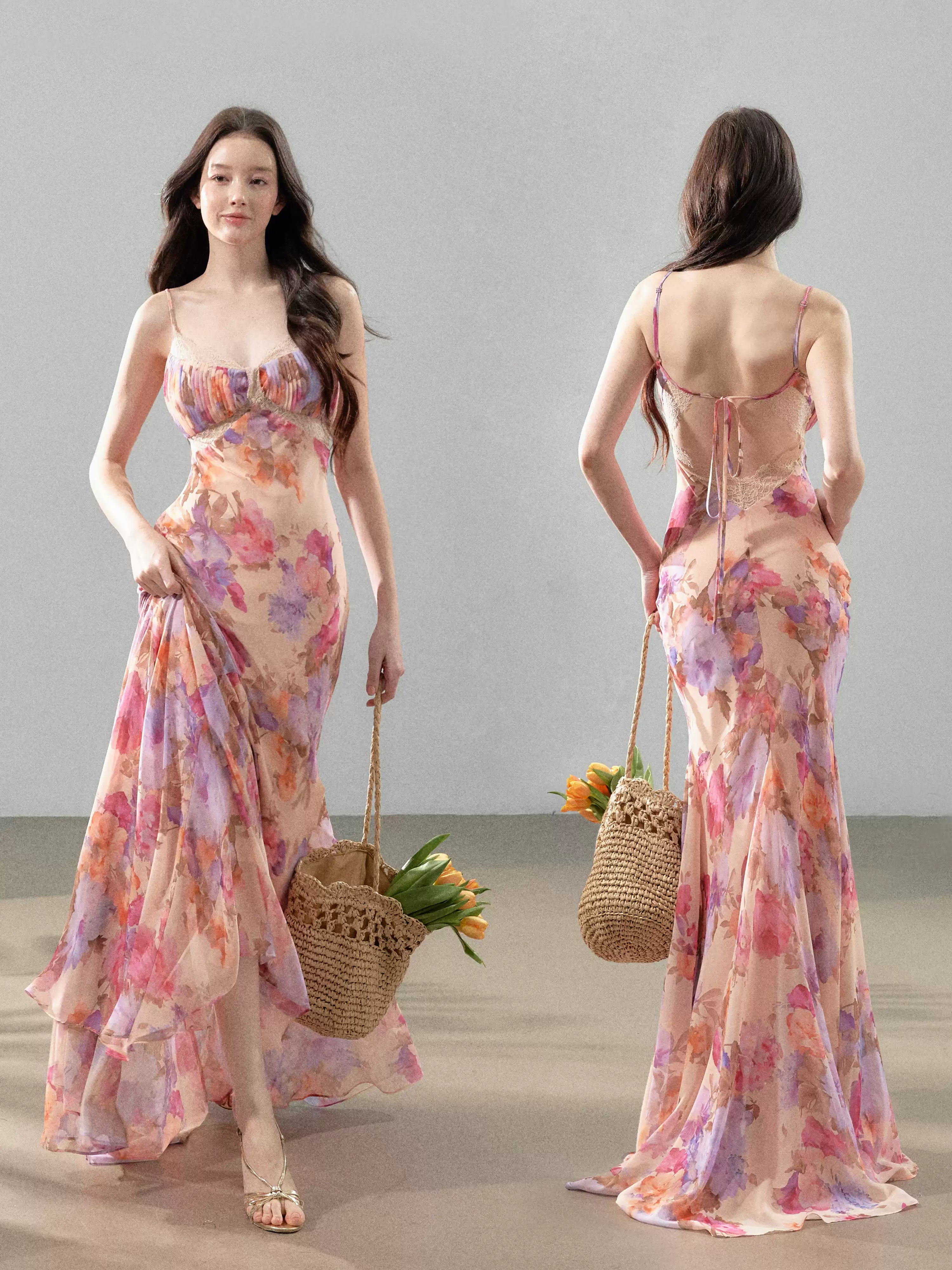 YZZI HE French printed chiffon suspender fishtail dress