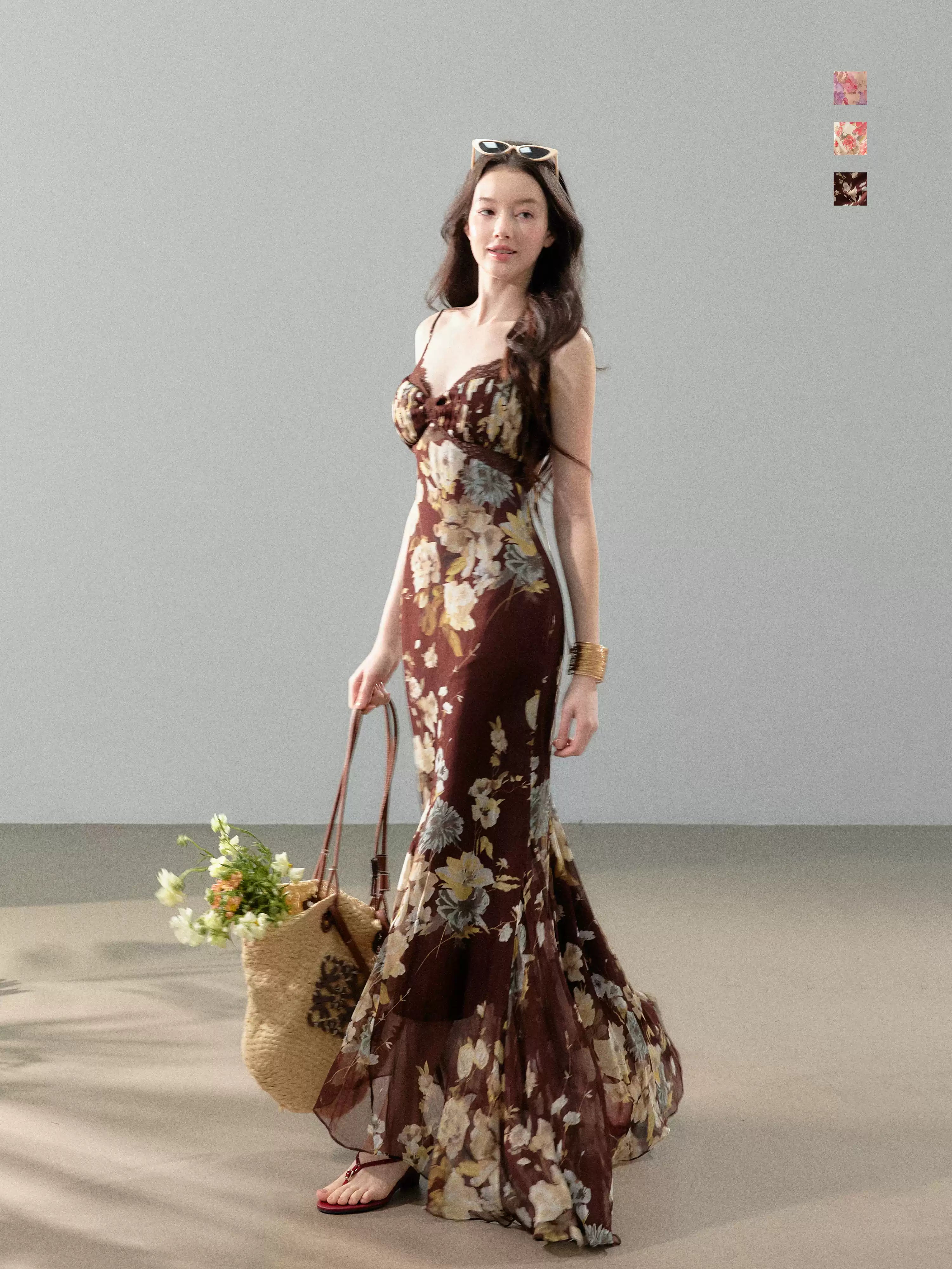 YZZI HE French printed chiffon suspender fishtail dress