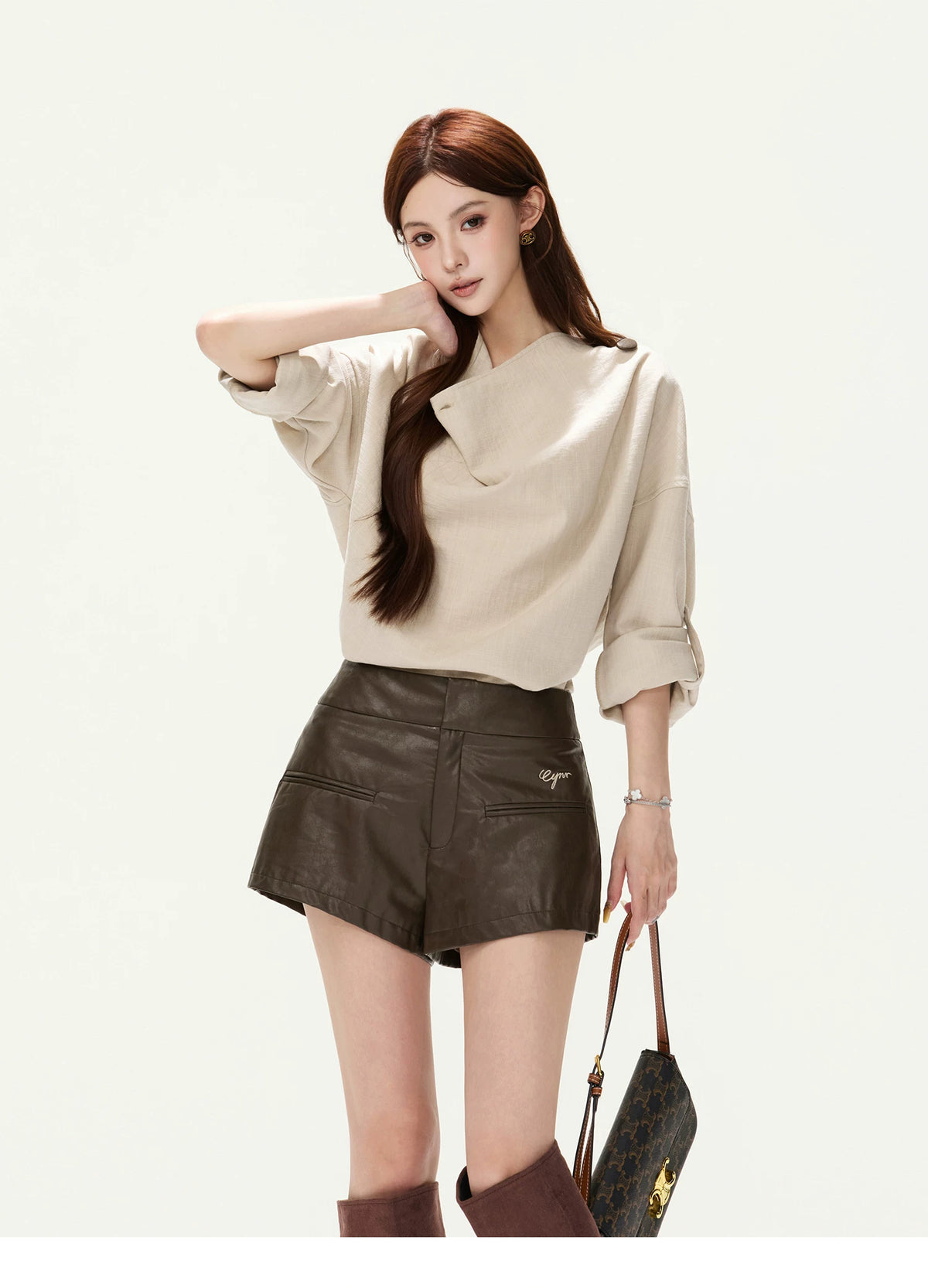 CYNR Cowl Neck Drop-Sleeve Shirt &amp; Leather Shorts