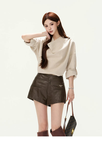 CYNR Cowl Neck Drop-Sleeve Shirt &amp; Leather Shorts