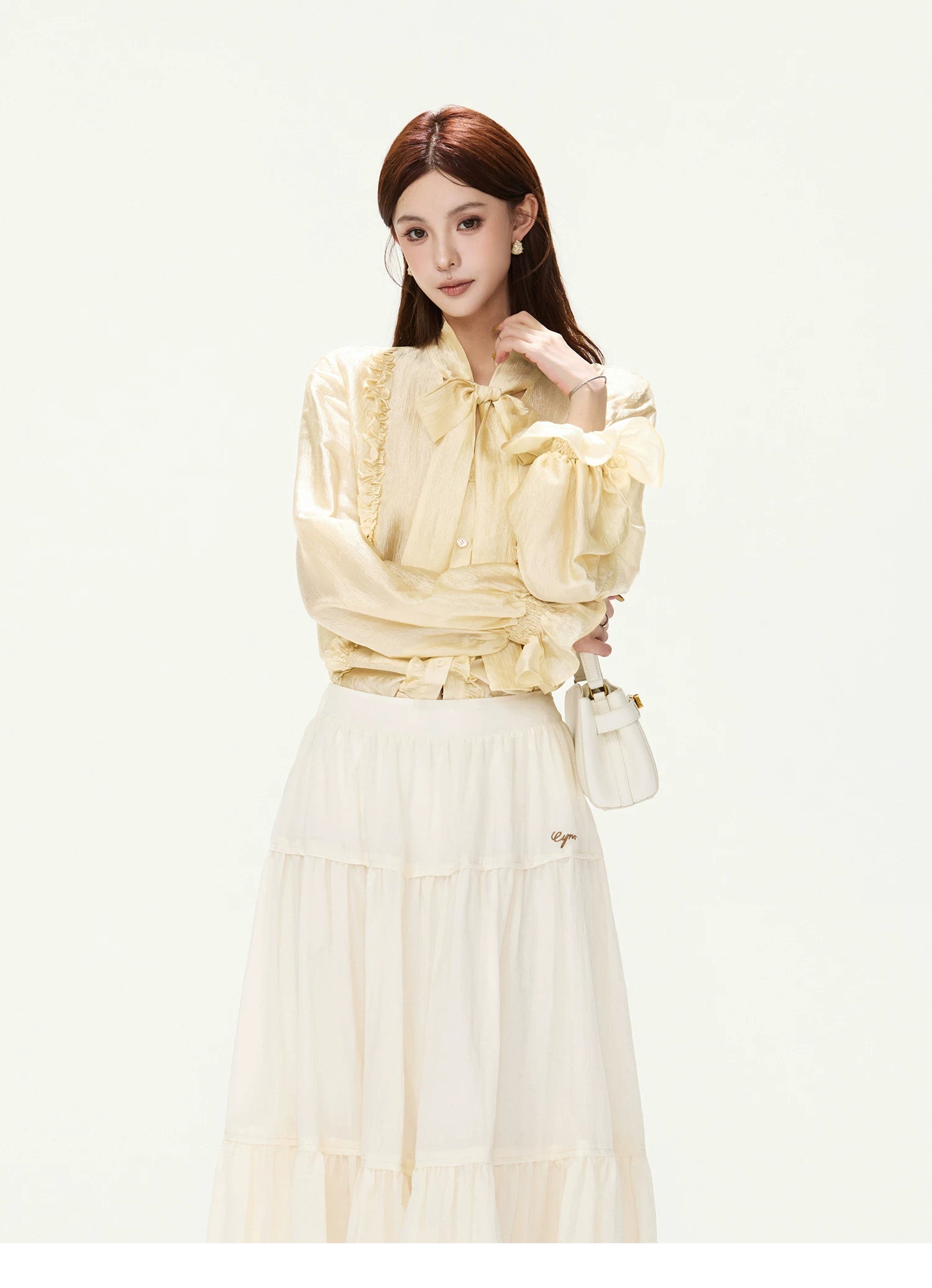 CYNR Ruffled Satin Blouse and Tiered Skirt Set