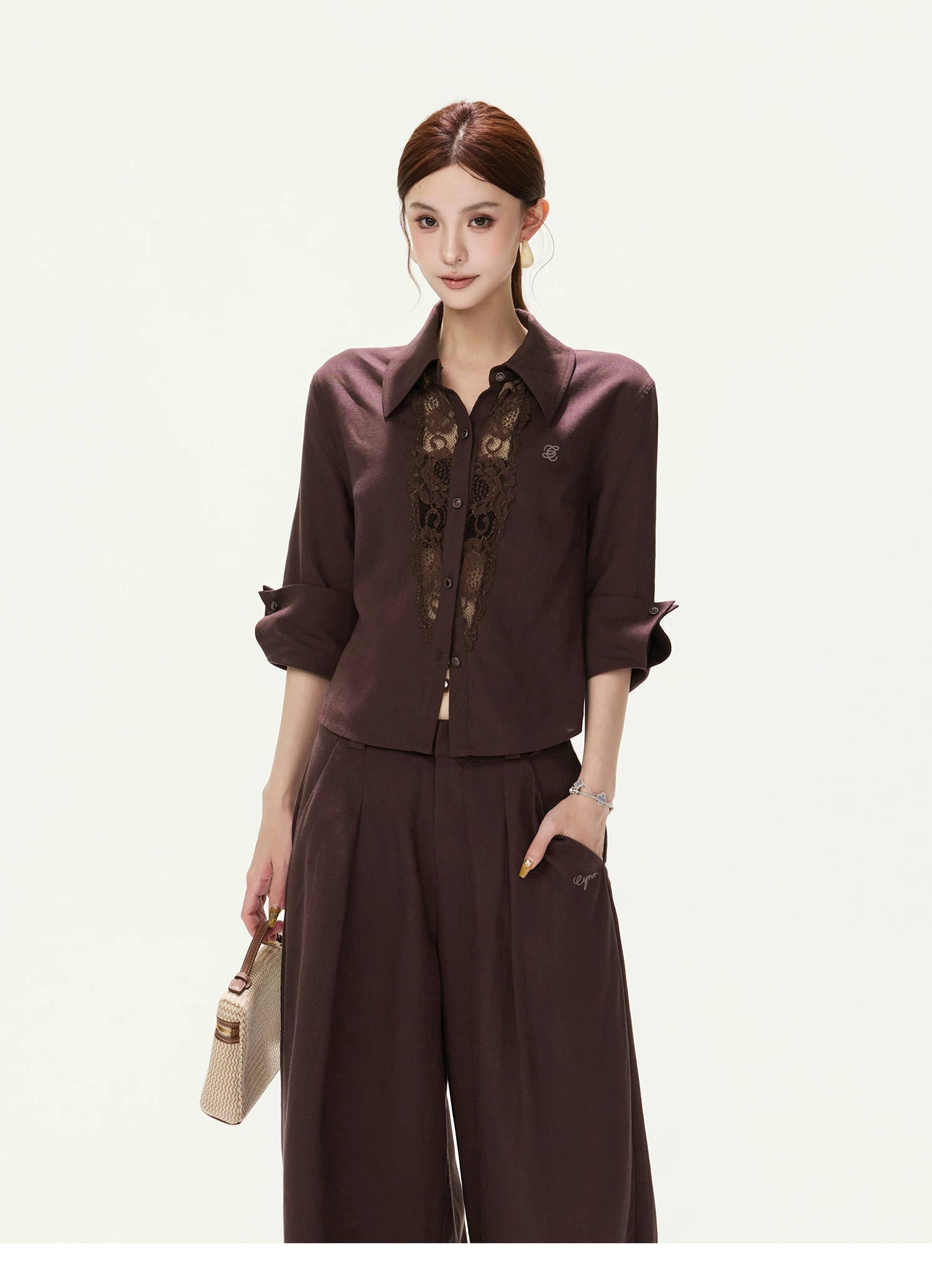 CYNR Lace Cut-Out Blouse and Wide-Leg Pants Set