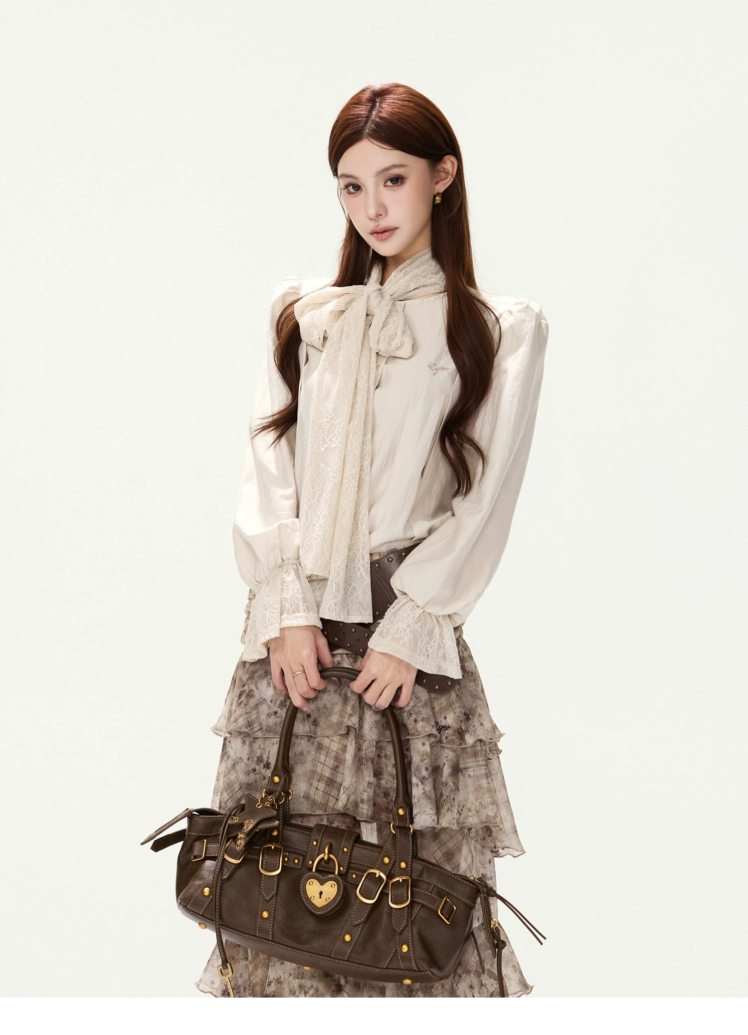 CYNR Lace Tie-Detail Blouse &amp; Chiffon Midi Skirt