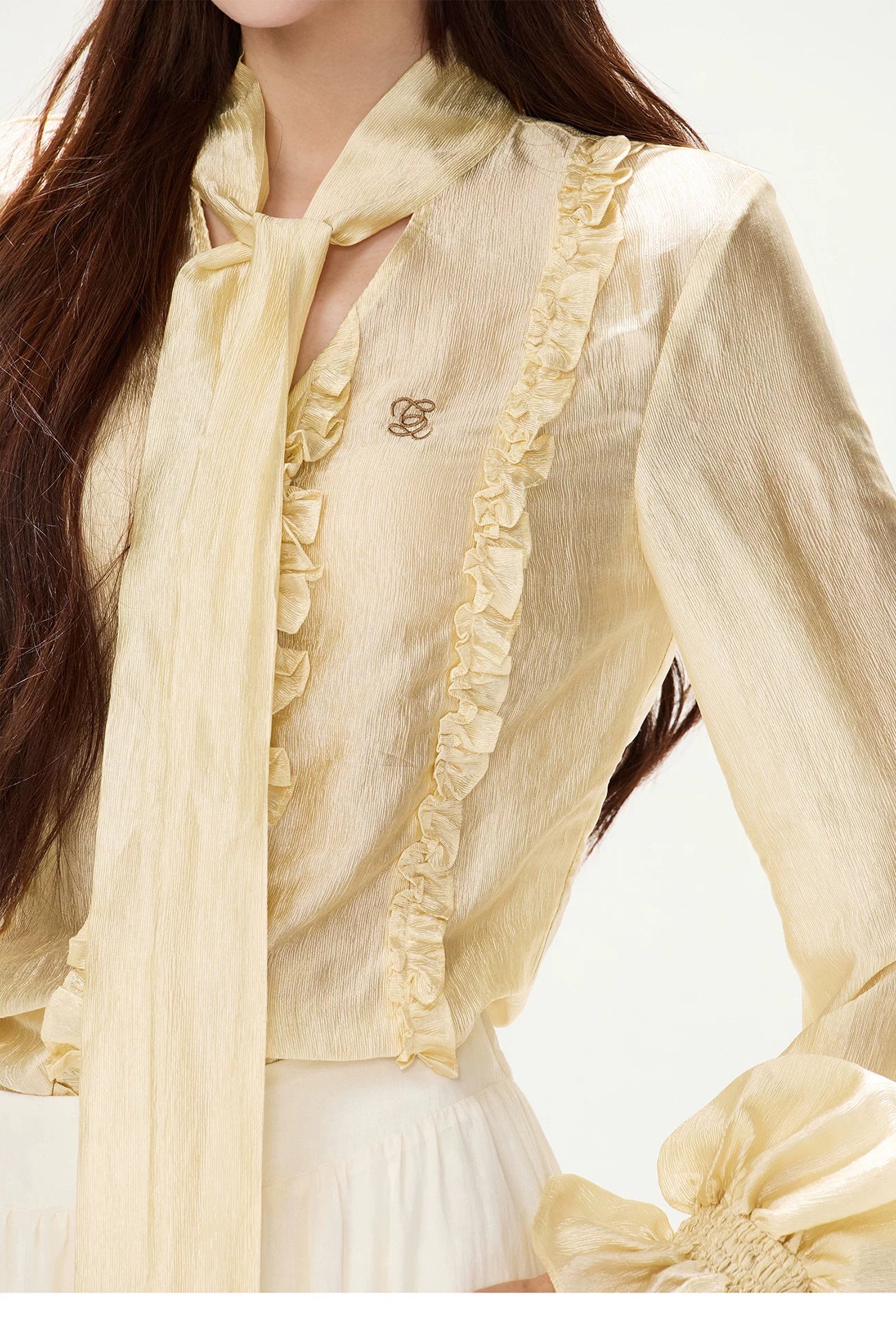 CYNR Ruffled Satin Blouse and Tiered Skirt Set