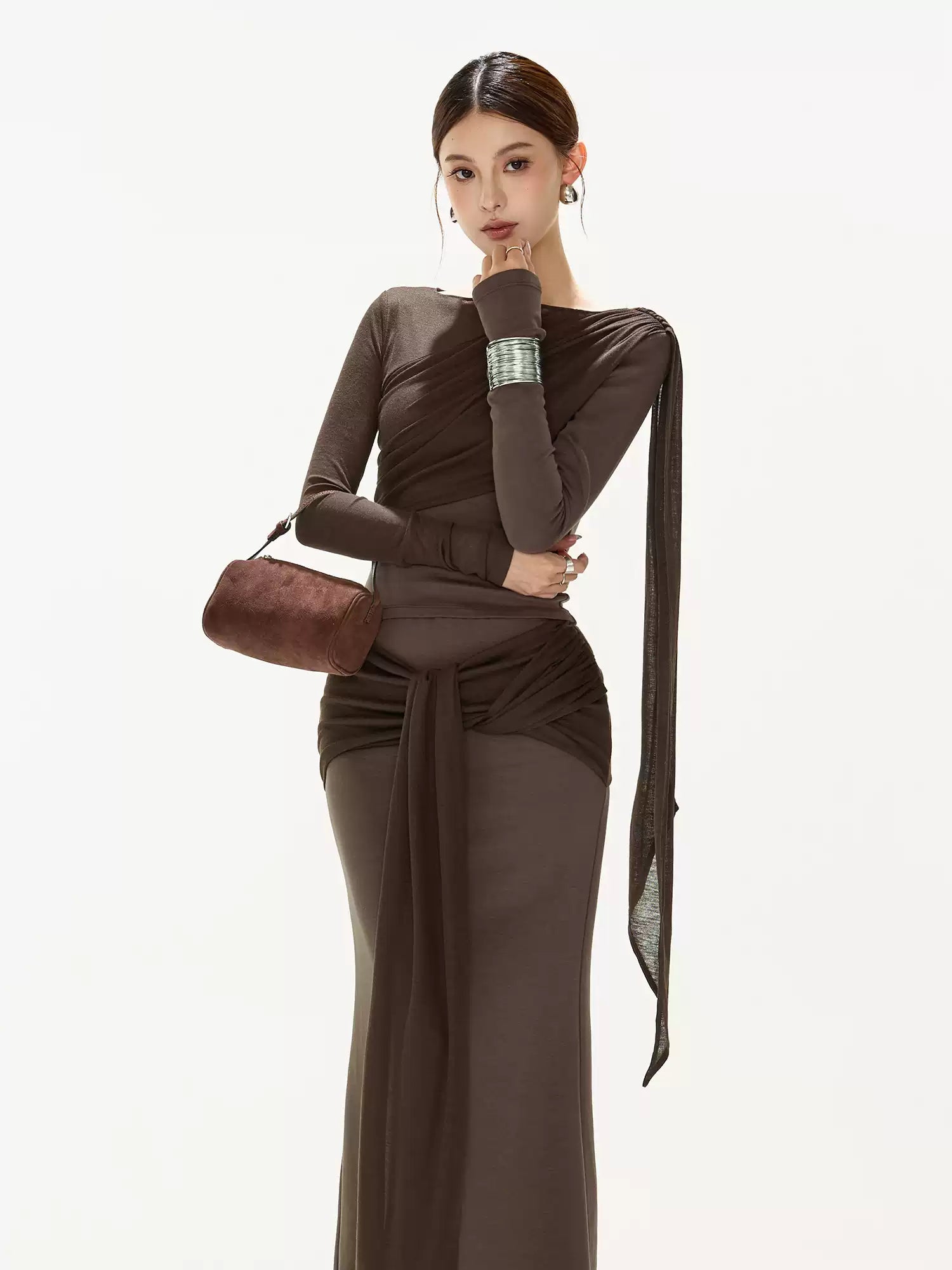 CYNR Ribbon pleated top + tied long skirt