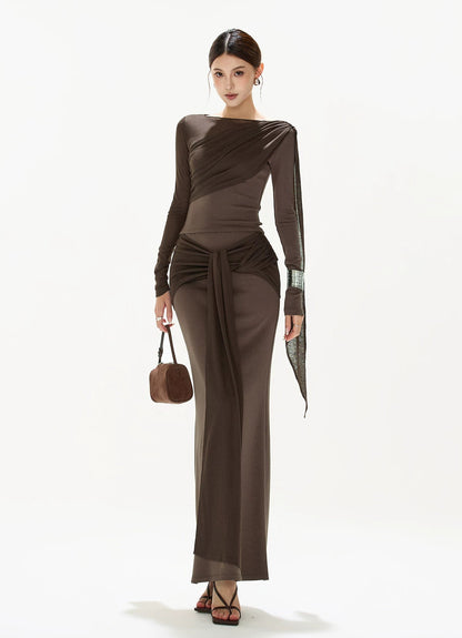 CYNR Ribbon pleated top + tied long skirt
