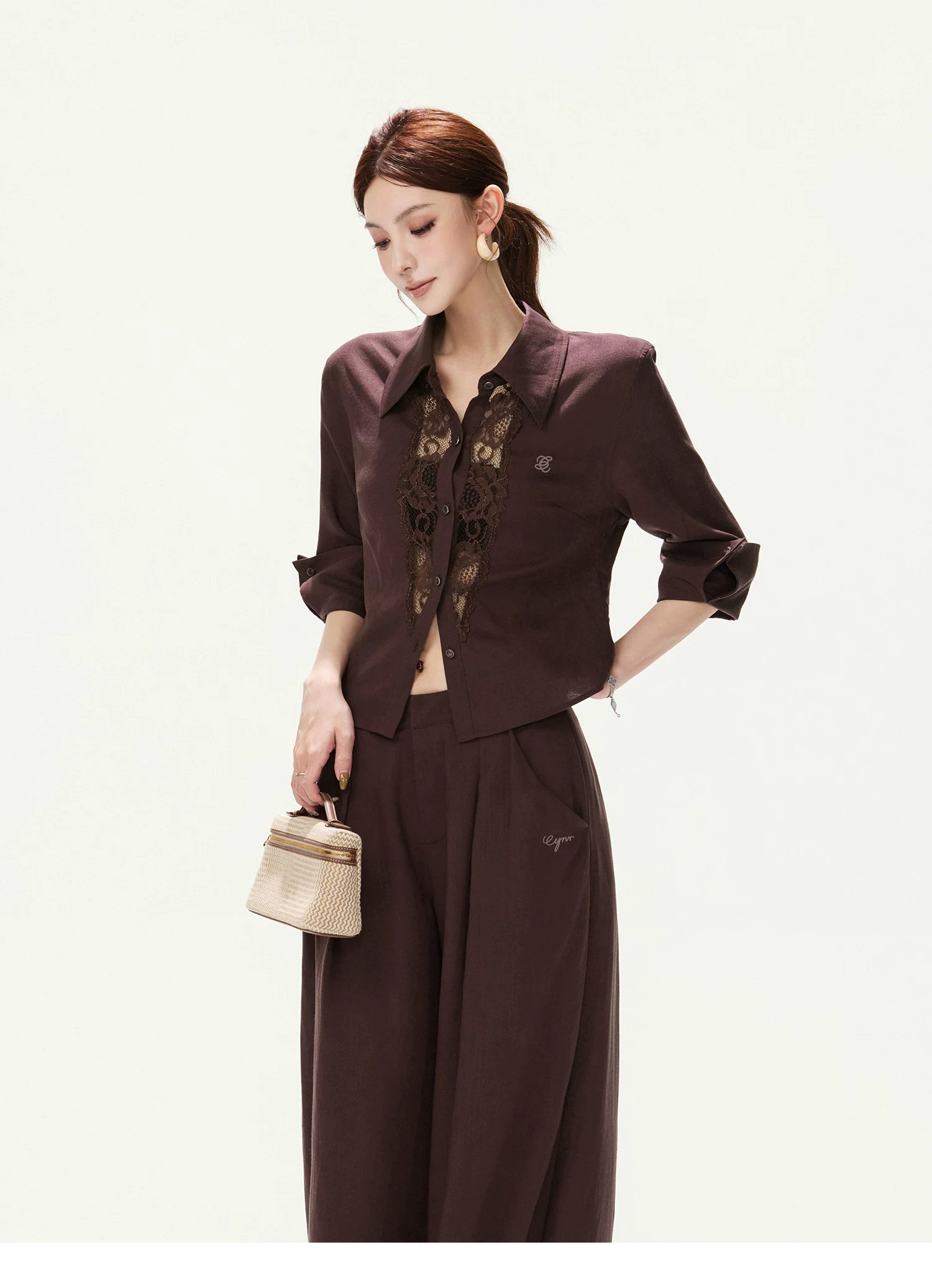 CYNR Lace Cut-Out Blouse and Wide-Leg Pants Set