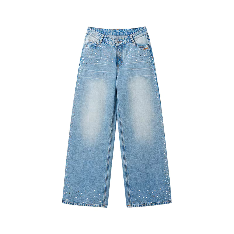 NAWS Washed diagonal pearl hot stamping low denim pants