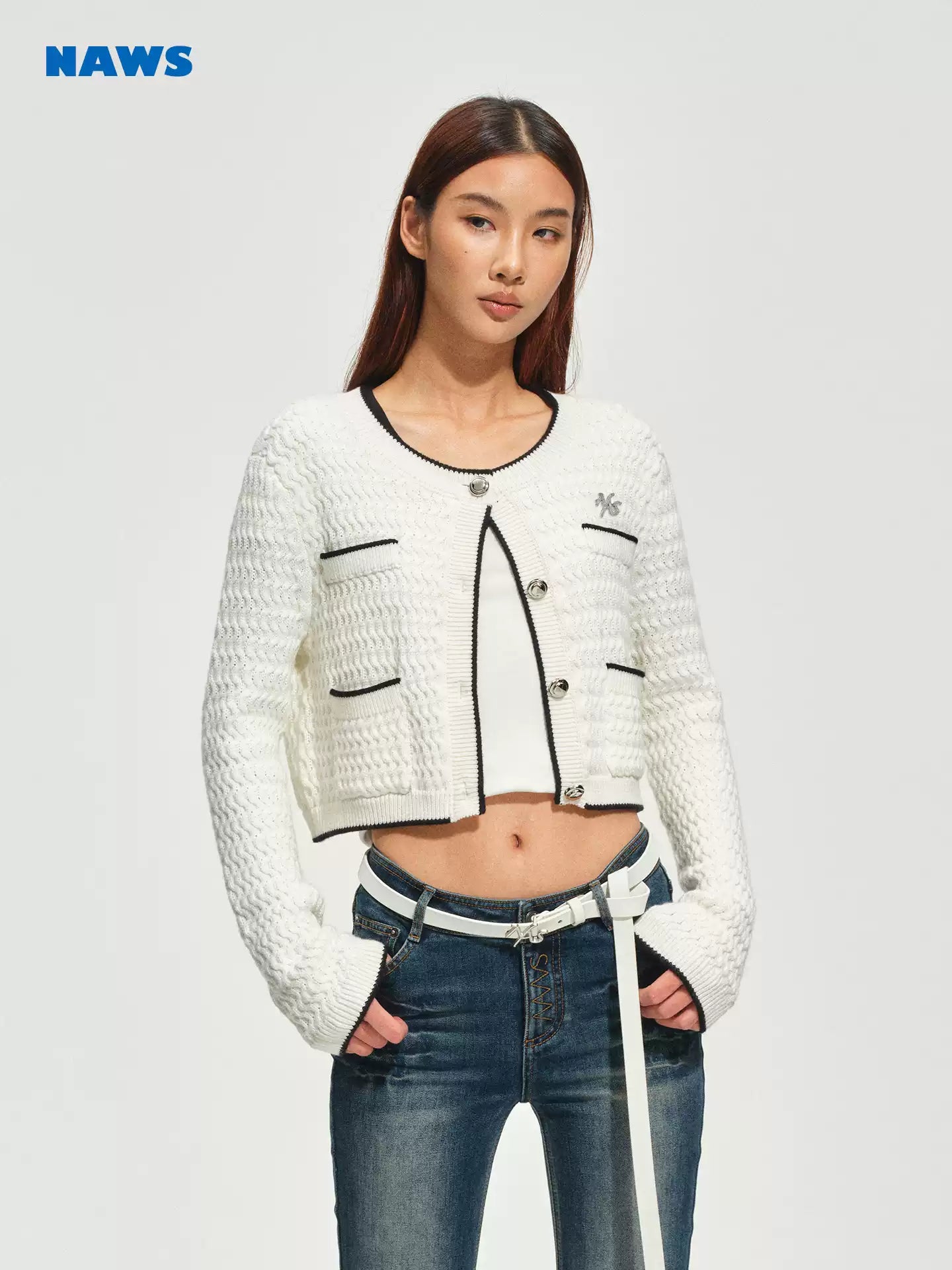 NAWS Wool twisted floral silhouette short knitted cardigan