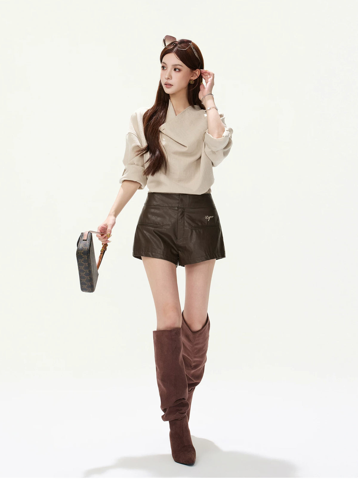 CYNR Cowl Neck Drop-Sleeve Shirt &amp; Leather Shorts