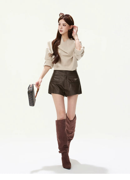 CYNR Cowl Neck Drop-Sleeve Shirt &amp; Leather Shorts