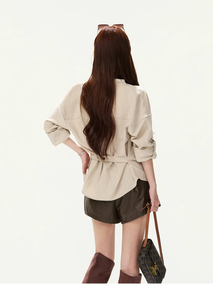 CYNR Cowl Neck Drop-Sleeve Shirt &amp; Leather Shorts