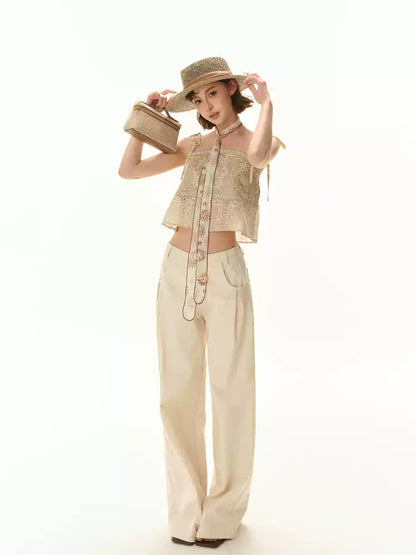 CYNR Vacation style jacquard strap camisole strapless top
