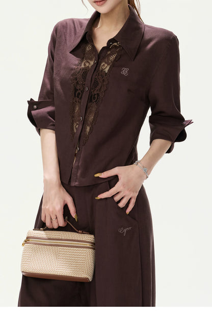 CYNR Lace Cut-Out Blouse and Wide-Leg Pants Set
