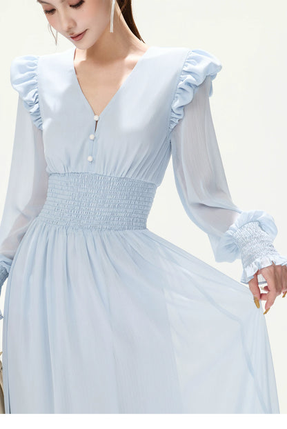 CYNR V-Neck Chiffon Dress with Lantern Sleeves