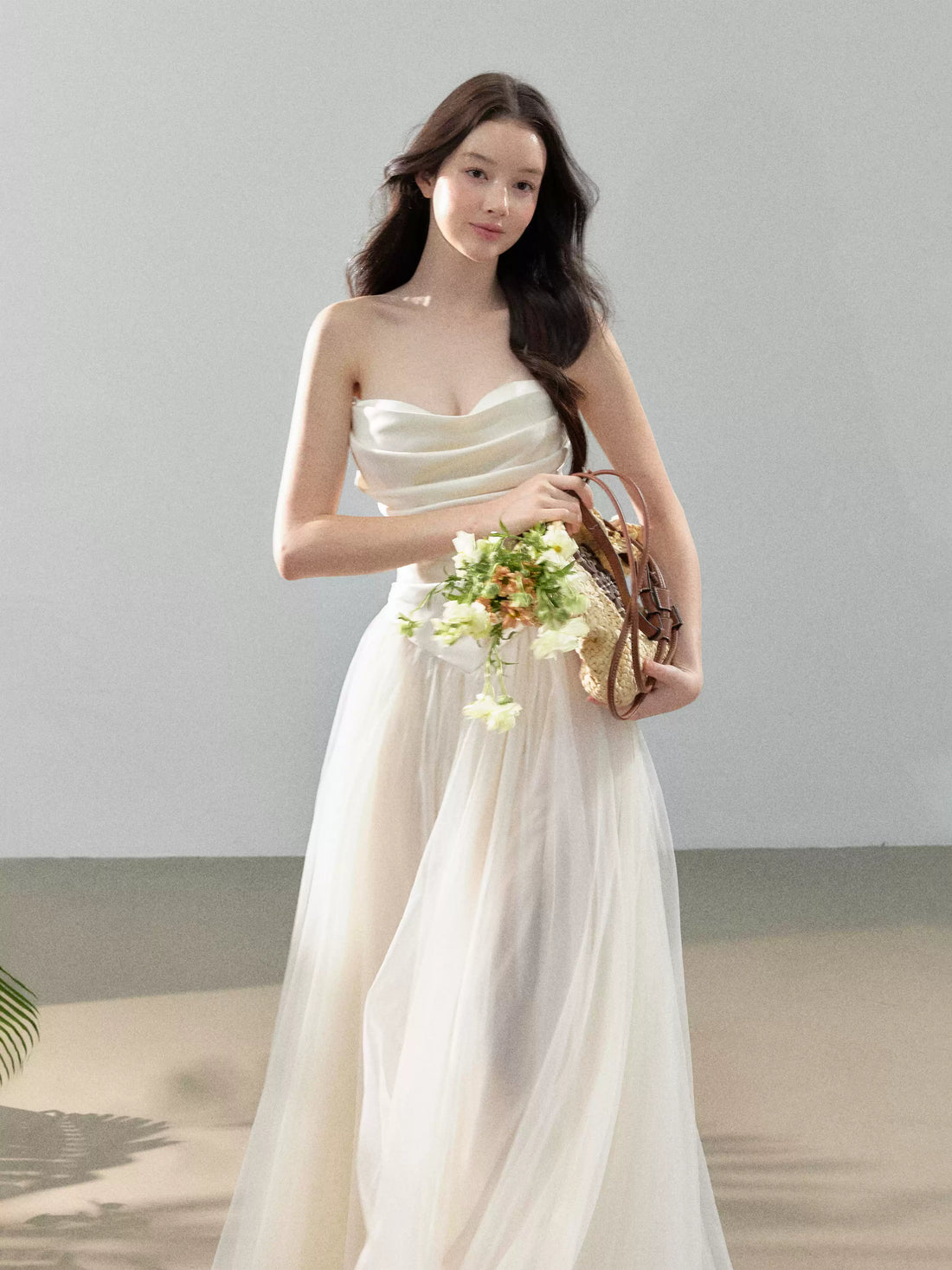 YZZI HE French satin strapless patchwork chiffon dress