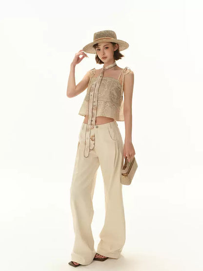 CYNR Vacation style jacquard strap camisole strapless top