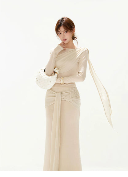 CYNR Slim fit pleated ribbon top + tied long skirt
